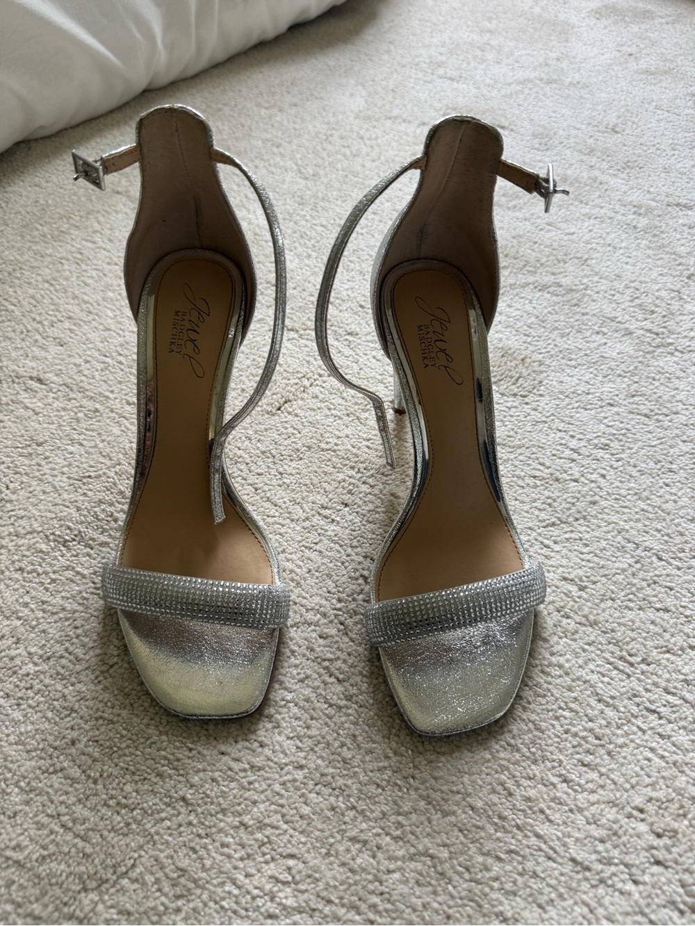 Jewel Badgley Mischka Silver Rhinestone Ankle-Strap Heels size 7